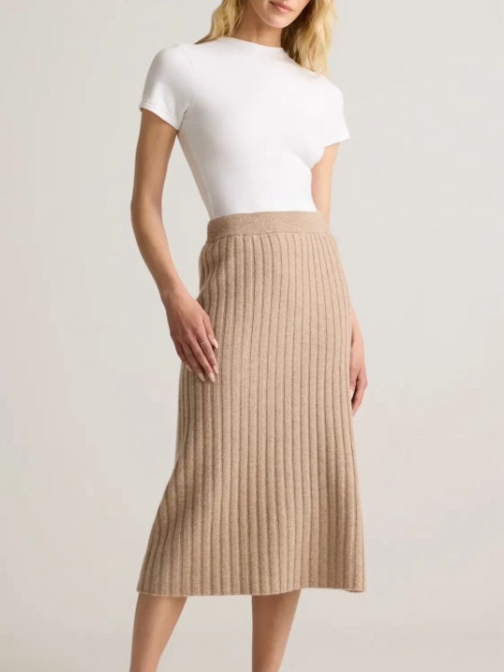 XL 100% Cashmere Quince Ribbed Skirt Heathered Camel tan beige